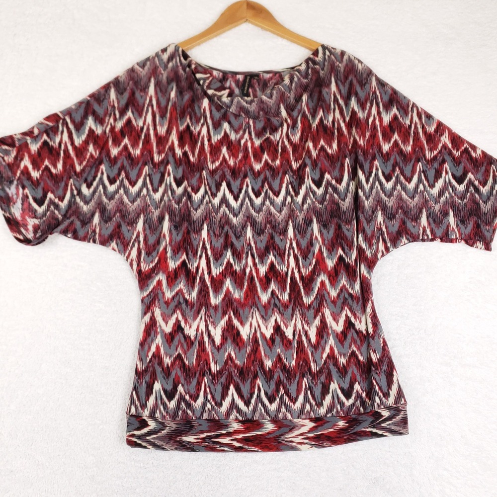Susan Lawrence Red Grey Chevron Zigzag Dolman Sleeve Banded Hem Top Small Y2K